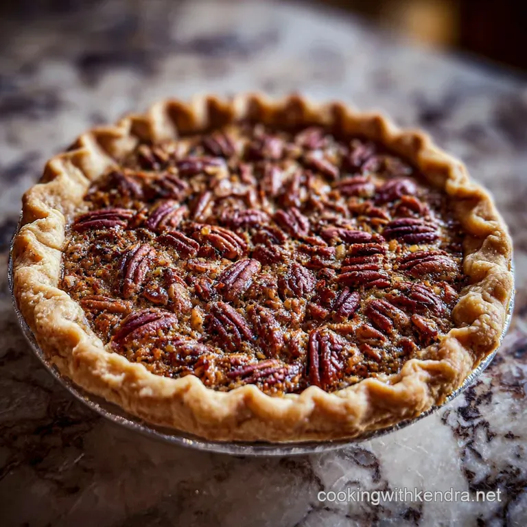 Wedge of pecan pie on a white plate, drizzled with maple syrup and dusted with powdered sugar. Whipped cream dollop comple...