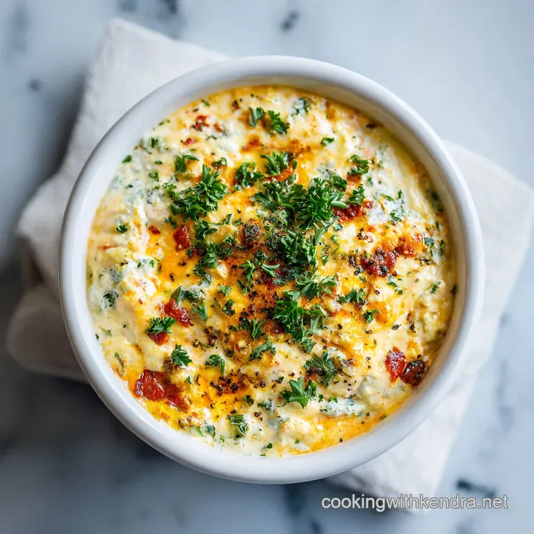 A rustic stoneware crock filled with warm, melted cheese, topped with green onions.