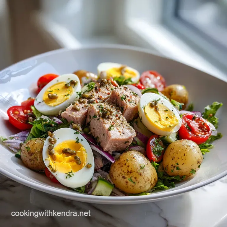Artfully plated Nicoise salad: seared tuna atop colorful vegetables, drizzled with a bright, herby vinaigrette. Elegant an...
