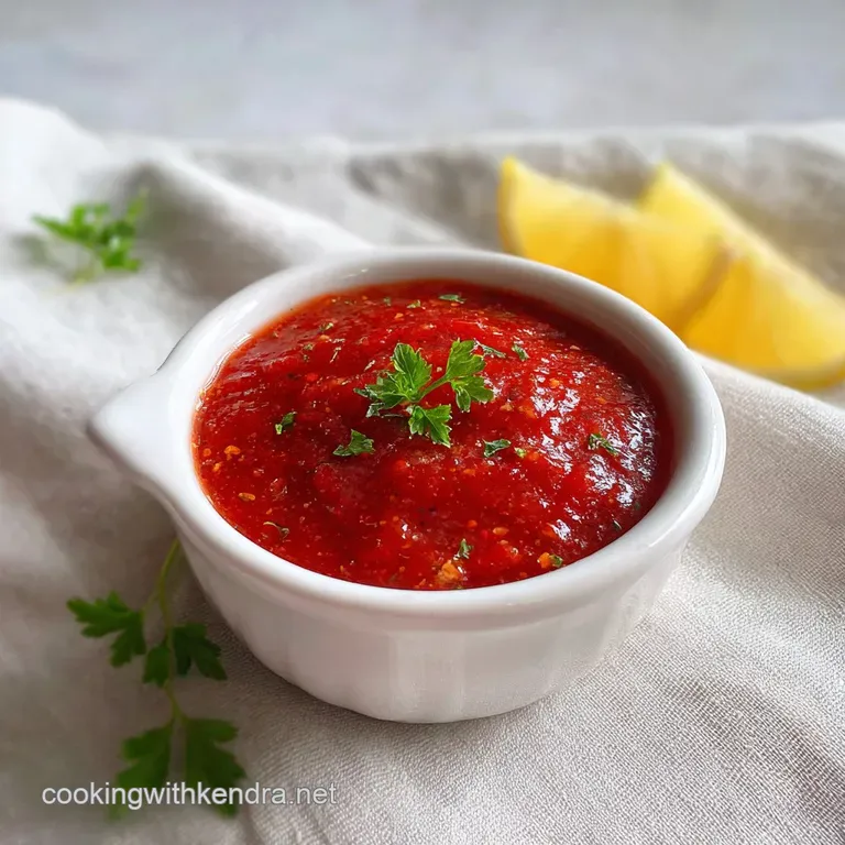 Elegant glass ramekin filled with tangy cocktail sauce, featuring a spoon resting inside, ready to be enjoyed with seafood.