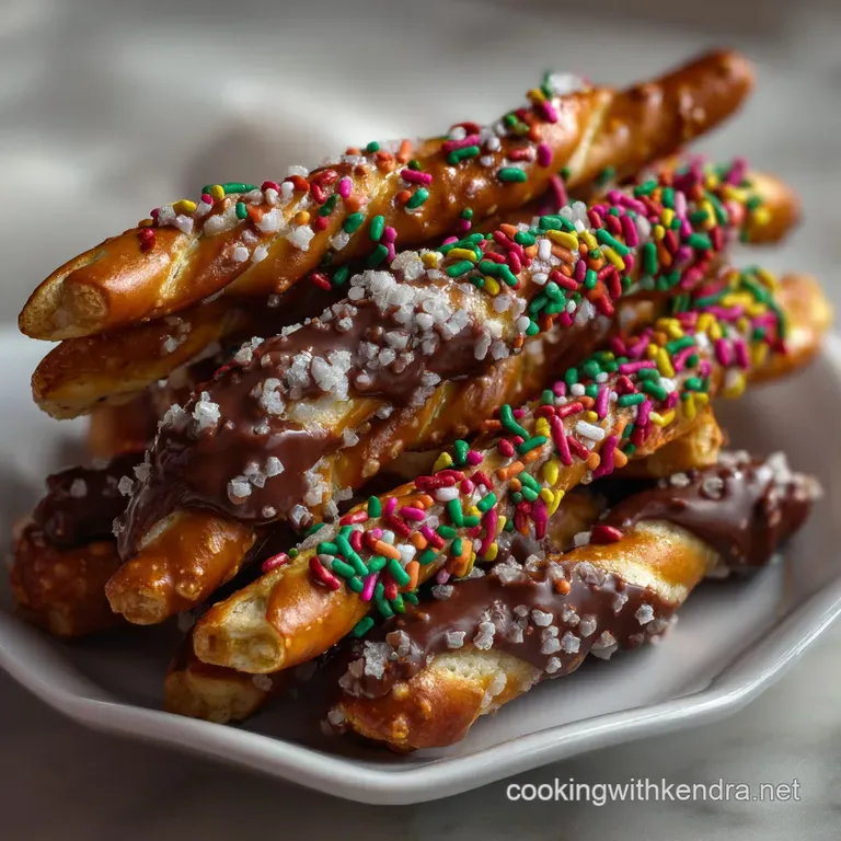 Elegant arrangement of chocolate-covered pretzel rods, artfully drizzled with contrasting chocolate, displayed on a tiered...