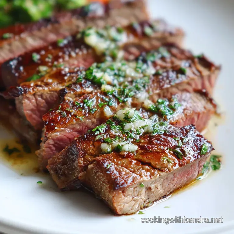 Slices of rich, pan-seared flank steak are artfully arranged on a white plate, alongside a bright green salad.