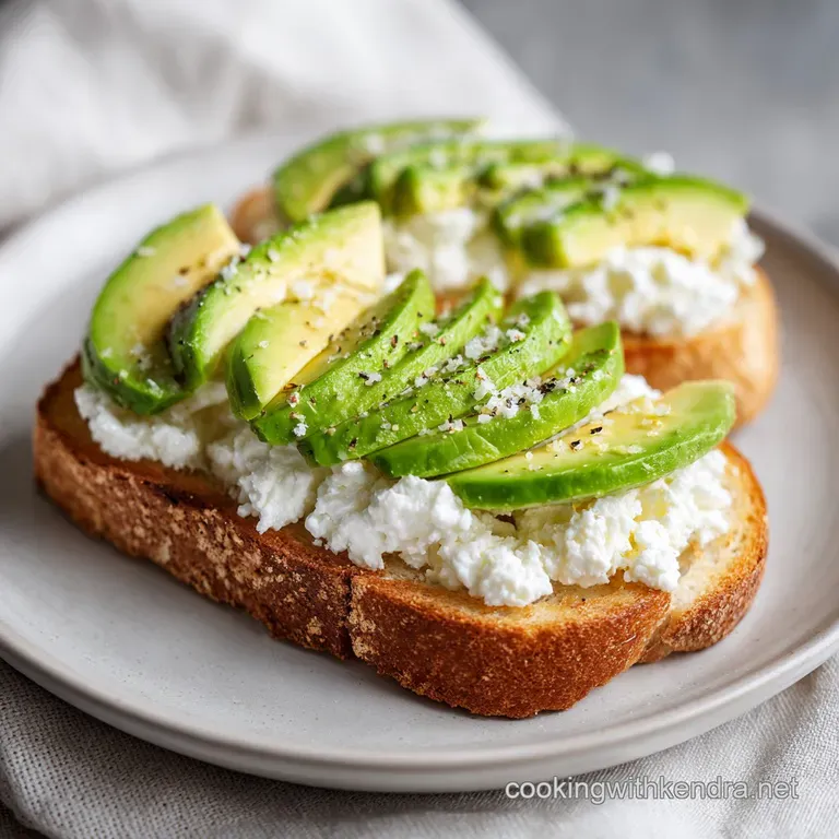 Two slices of toasted artisanal bread on a white ceramic plate topped with creamy white curds and sliced avocado.