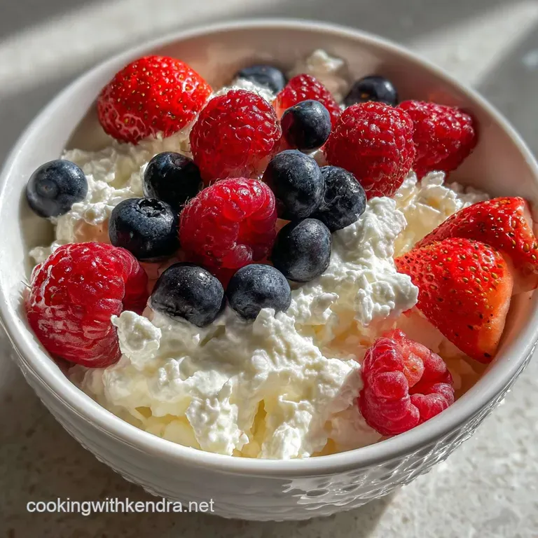 Neatly arranged spoonfuls of fruit-topped cottage cheese showing off the creamy texture and colorful mix of berries.