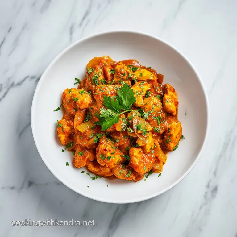 A vibrant bowl of saucy chicken and rice, garnished with fresh cilantro, showcasing its warm, inviting texture.