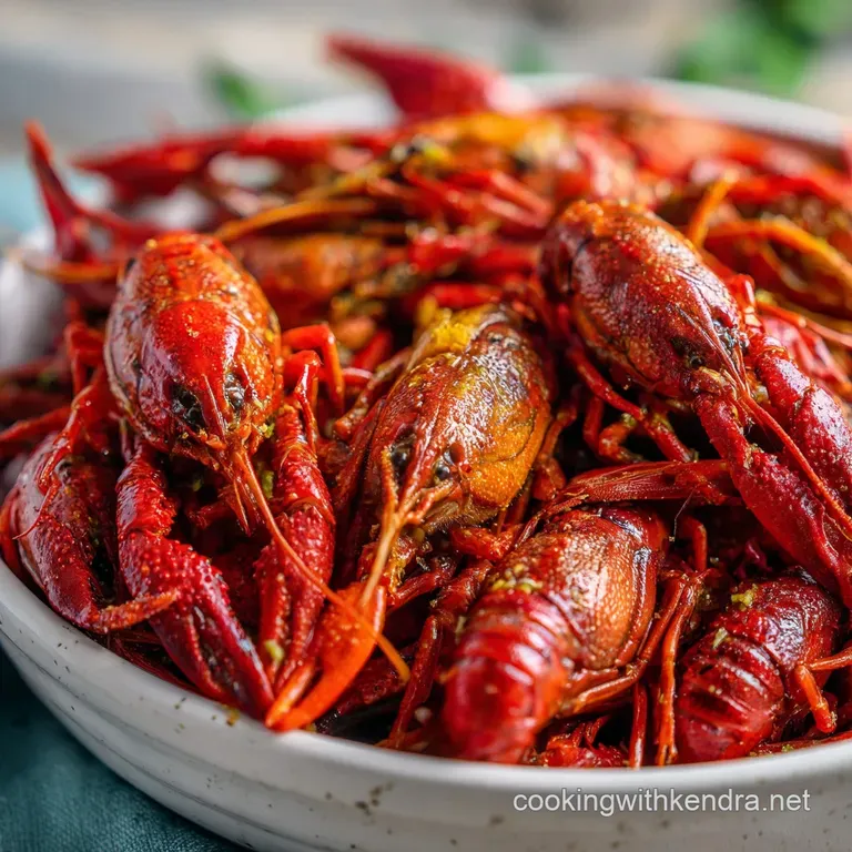 Heaping plate of bright red crawfish and lemon wedges. Rustic wooden table with vibrant spices sprinkled on top.