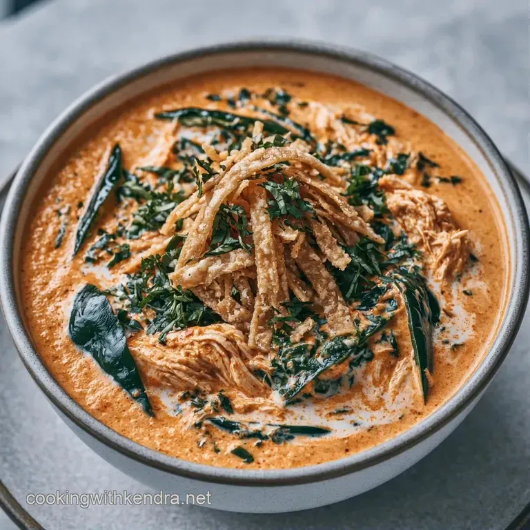 A rustic bowl of creamy orange soup topped with crispy strips and a lime wedge, set on a weathered wooden surface.