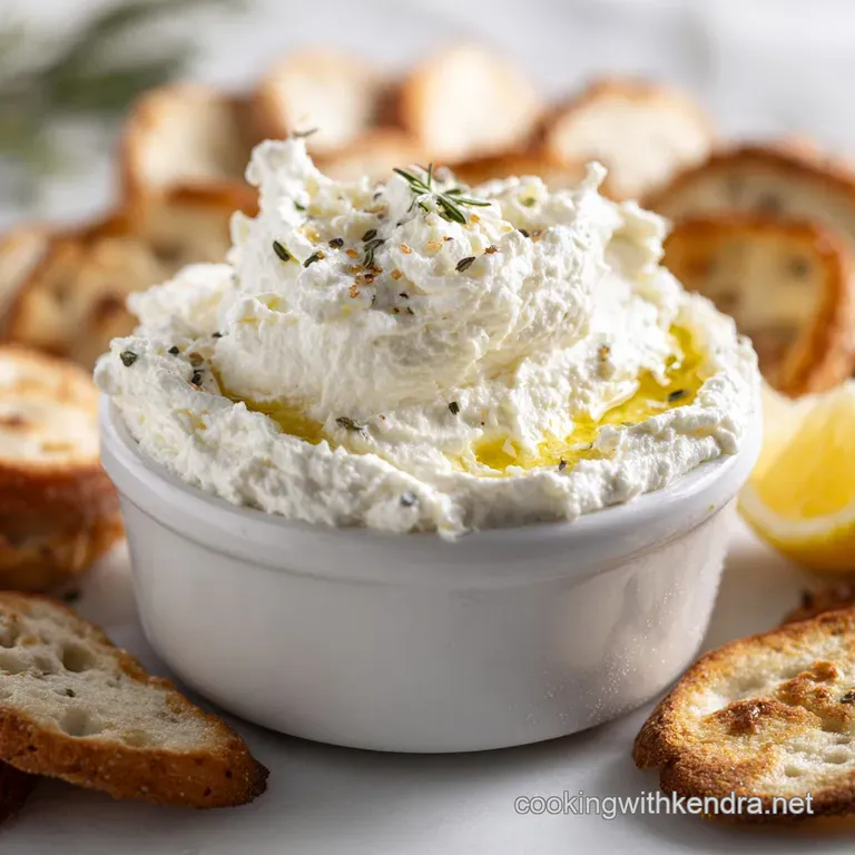 Close-up of a swirl of airy cream cheese dip, topped with caramelized onions and fresh herbs in a shallow bowl, ready to b...