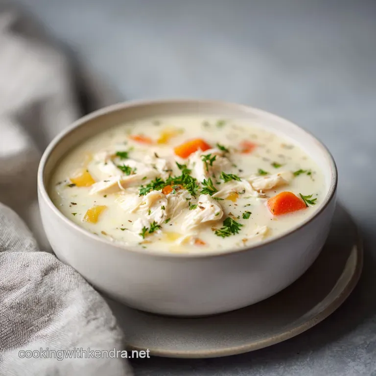 Elegant bowl of creamy soup with shredded chicken and bright parsley sprig. Rich, glossy texture promises a satisfying, fl...