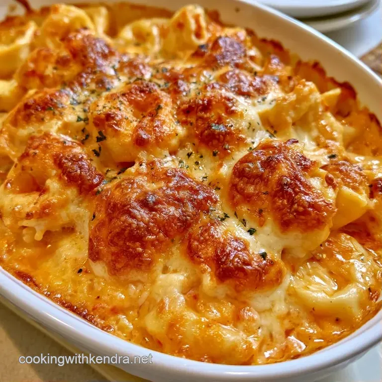 A ceramic dish of cheesy pasta with toasted brown edges and a garnish of fresh herbs on a rustic wooden table.
