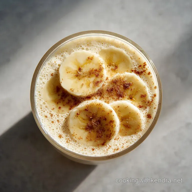 A tall glass filled with smooth, pale banana smoothie, garnished with fresh mint and a straw.