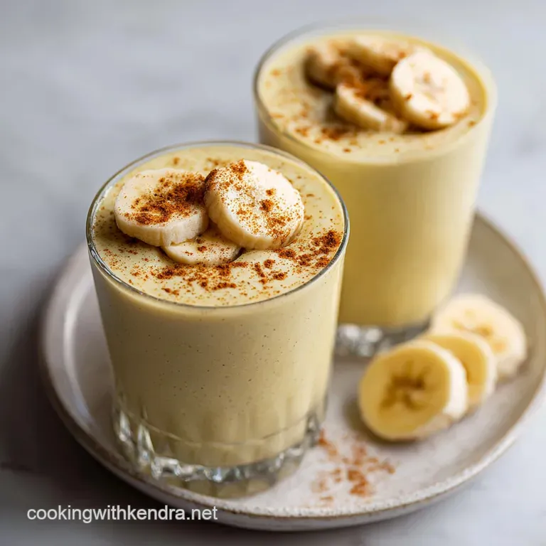 Frosted tall glass of pale yellow cream beside a sliced banana on a bright, minimal white marble countertop.
