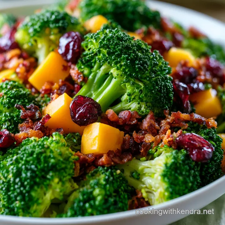 Vibrant green broccoli florets and crispy bacon bits served in a rustic wooden bowl on a light linen tablecloth.