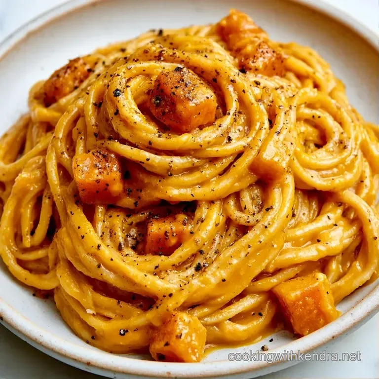 Golden pasta swirls in a white ceramic bowl, garnished with crisp sage and a dusting of snowy parmesan cheese.