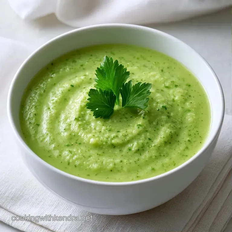 A minimal white bowl of velvety light green soup topped with a drizzle of oil and crisp micro-greens on a linen cloth.