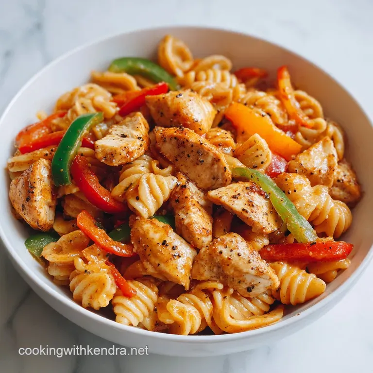 Plated swirls of creamy pasta with strips of grilled chicken and saut&eacute;ed peppers, topped with fresh cilantro. Warm, inviti...