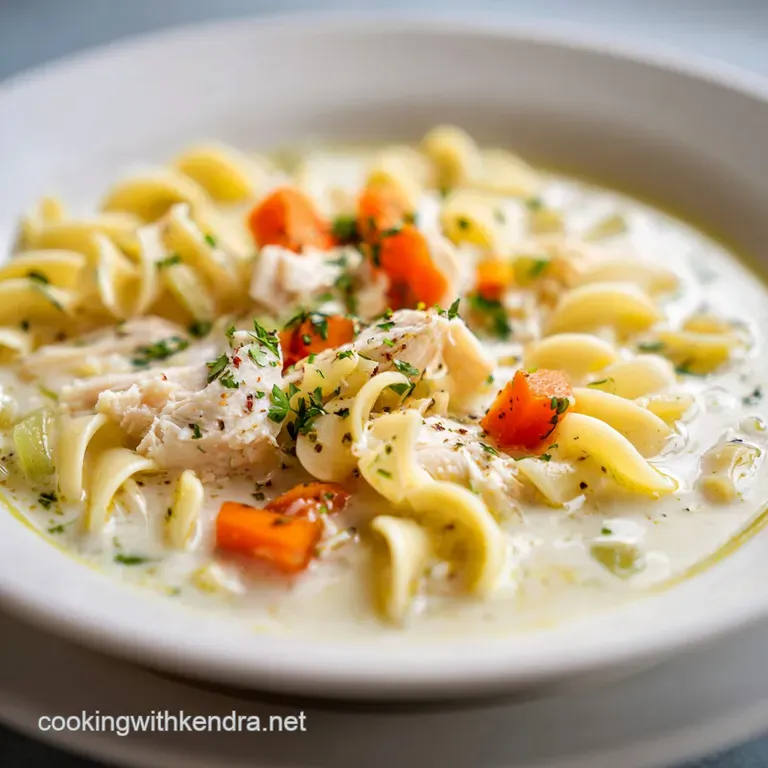 Creamy chicken noodle soup served in a rustic bowl, steam rising, garnished with fresh parsley and a lemon wedge.