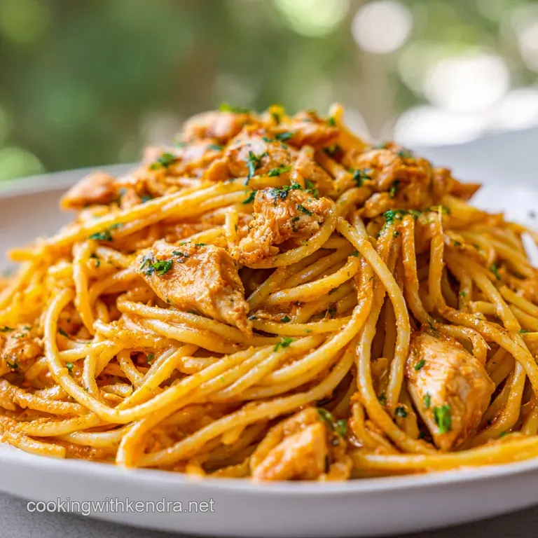 A single serving of creamy chicken spaghetti, garnished with fresh parsley, steaming gently on a white plate. Rich, flavor...