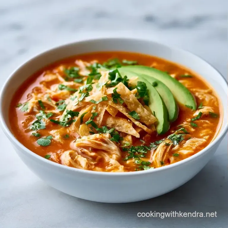 A deep ceramic bowl of orange-hued soup garnished with sliced avocado, fresh cilantro, and a lime wedge on the side.