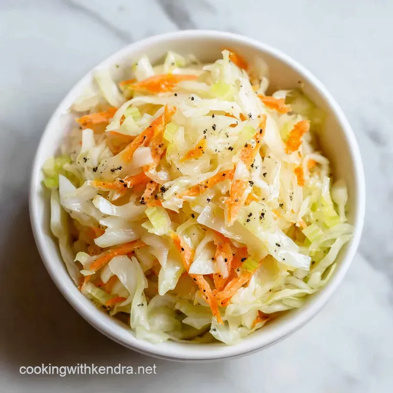 A creamy white dressing drizzled over fresh cabbage ribbons in a white ceramic bowl with a sprig of parsley.