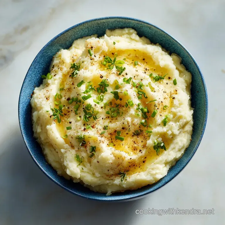 A generous serving of smooth, buttery mashed potatoes, lightly browned on top, on a white plate.