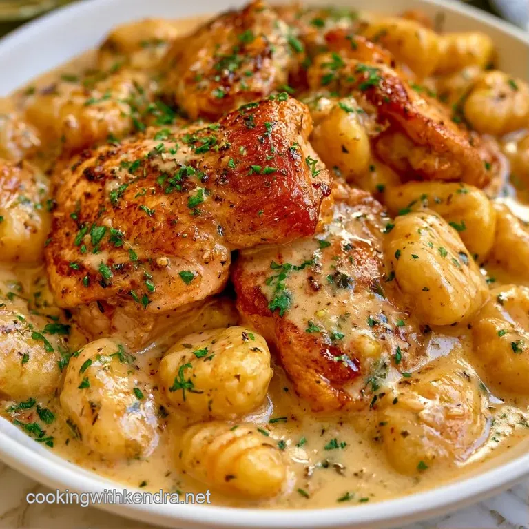 A shallow white bowl filled with velvety garlic sauce, tender chicken, and gnocchi, garnished with a sprig of parsley.
