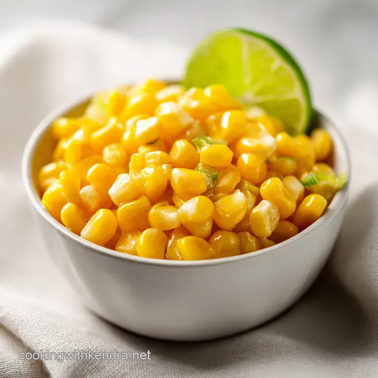 Yellow corn in a small ceramic cup topped with creamy white sauce, bright green cilantro, and a lime wedge on the side.