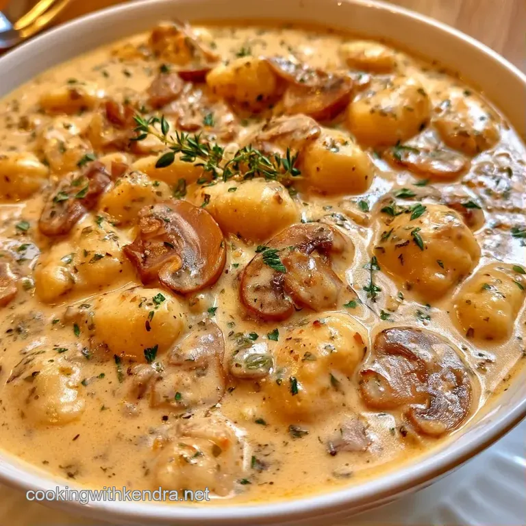 Elegant white bowl of velvety cream soup garnished with sautéed mushrooms and a sprinkle of fresh green chives.