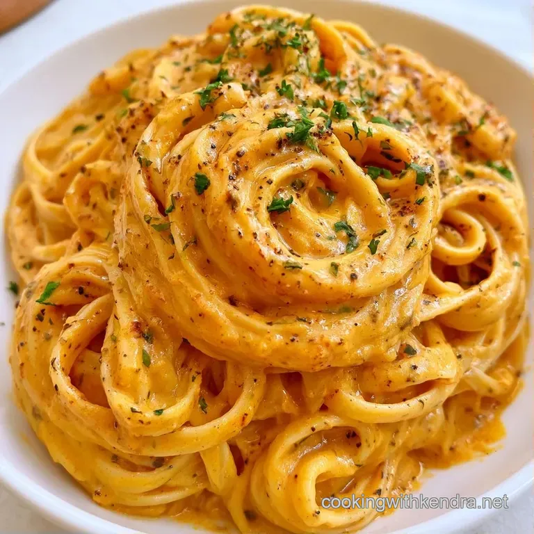 Al dente pasta coated in a velvety golden sauce, served in a white bowl with a sprinkle of cracked black pepper.