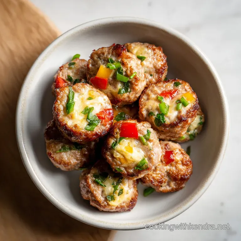 A neat arrangement of browned sausage balls artfully placed on a white platter with a scattering of fresh parsley.
