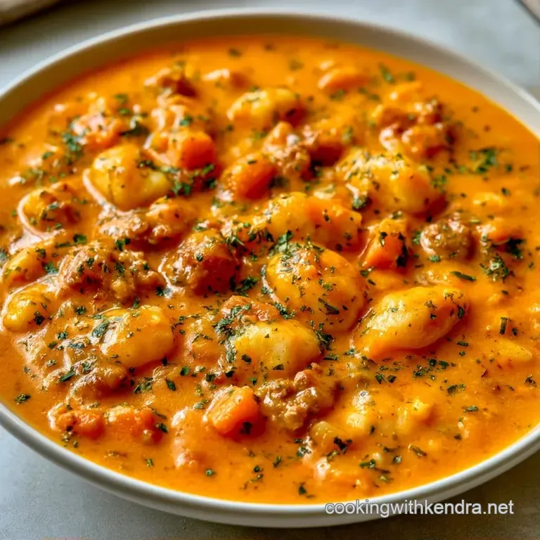 A steaming bowl of creamy white soup with savory brown sausage bits, topped with fresh herbs on a rustic wood surface.