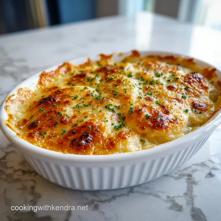 Creamy scalloped potatoes with a slightly crisp, golden-brown top, served in a white bowl with a silver spoon.