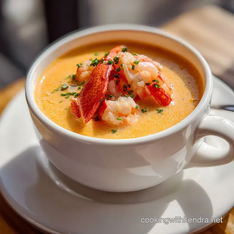 An elegant ceramic bowl brimming with creamy bisque, topped with tender crab and shrimp.