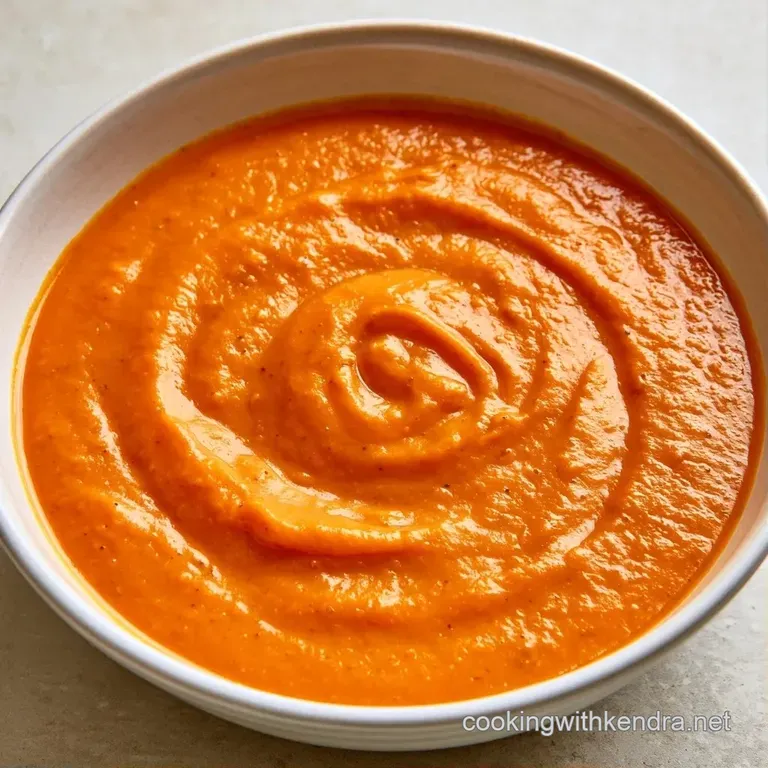 A velvety orange soup in a minimalist white bowl garnished with a cream swirl, micro-greens, and cracked pepper.