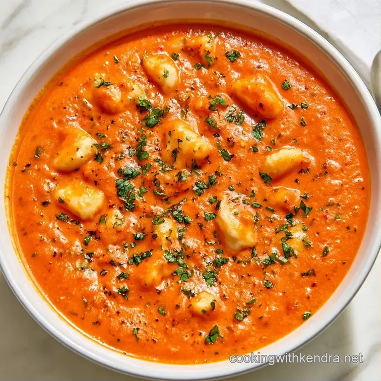 Vibrant red soup in a white ceramic bowl, garnished with a cream swirl and fresh basil on a rustic linen napkin.
