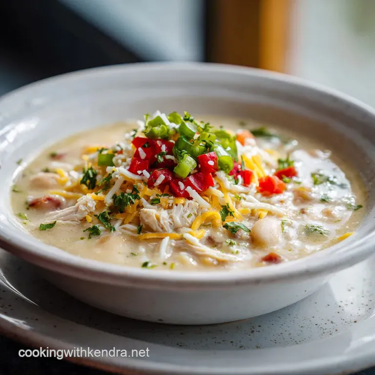 Elegant bowl of white chili with shredded chicken, lime wedge, and vibrant cilantro sprigs against a dark, moody background.