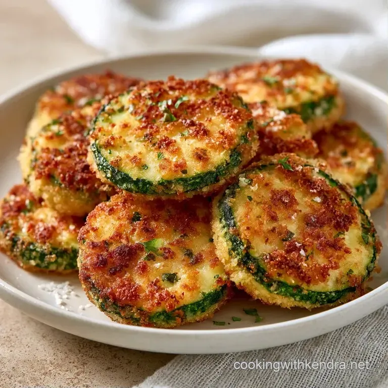 Neatly stacked golden zucchini rounds on a slate board, garnished with fresh parsley and a creamy dipping sauce.