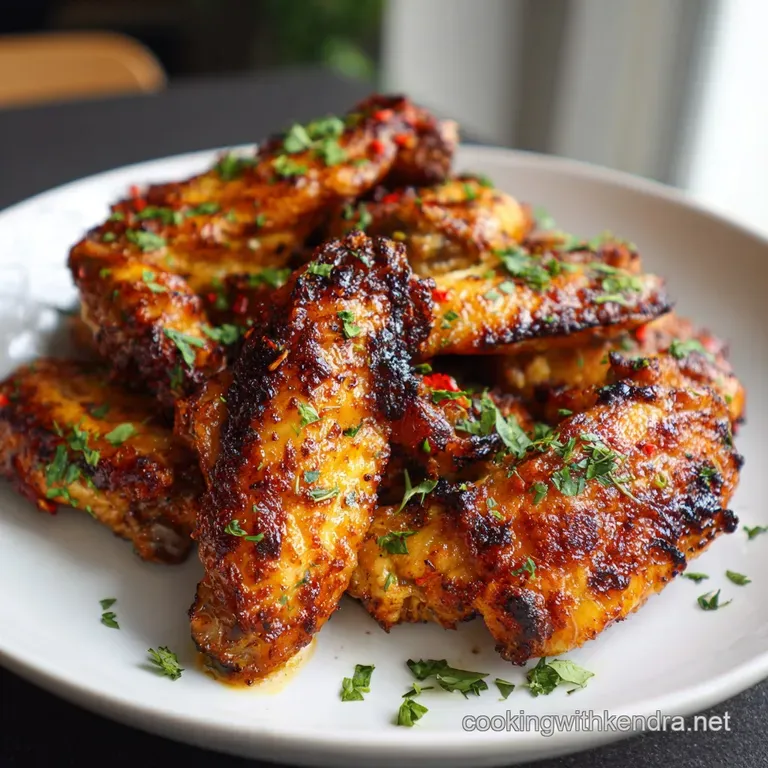 Crispy baked wings artfully stacked on a plate, sprinkled with herbs, alongside a creamy dipping sauce in a small bowl.