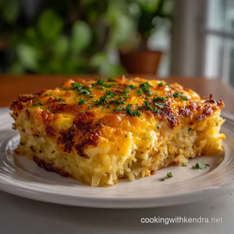 Individual serving of a hearty breakfast casserole, garnished with fresh herbs, served on a white plate with a side of fruit.
