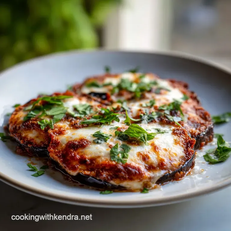 Elegant eggplant parmesan slice with melted cheese pull, atop a swirl of bright tomato sauce and adorned with a single bas...