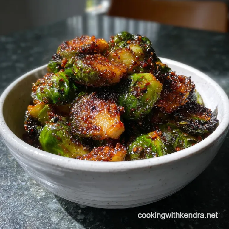 Deep-fried Brussels sprouts with a vibrant, caramelized exterior, artfully arranged on a white plate. Textures of crispy l...