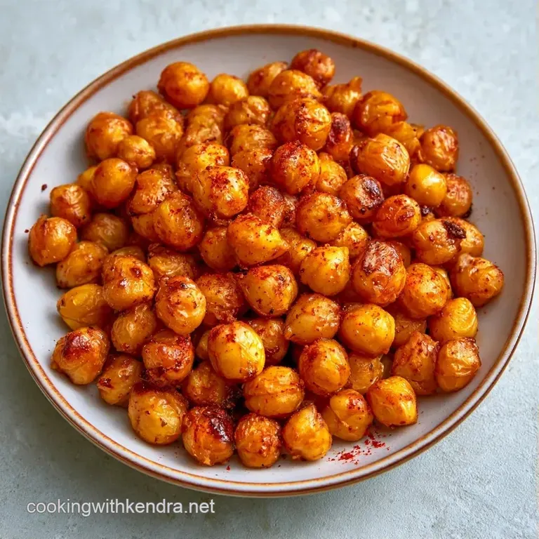 A small rustic ceramic bowl filled with roasted, orange-hued chickpeas featuring a crunchy and seasoned exterior.
