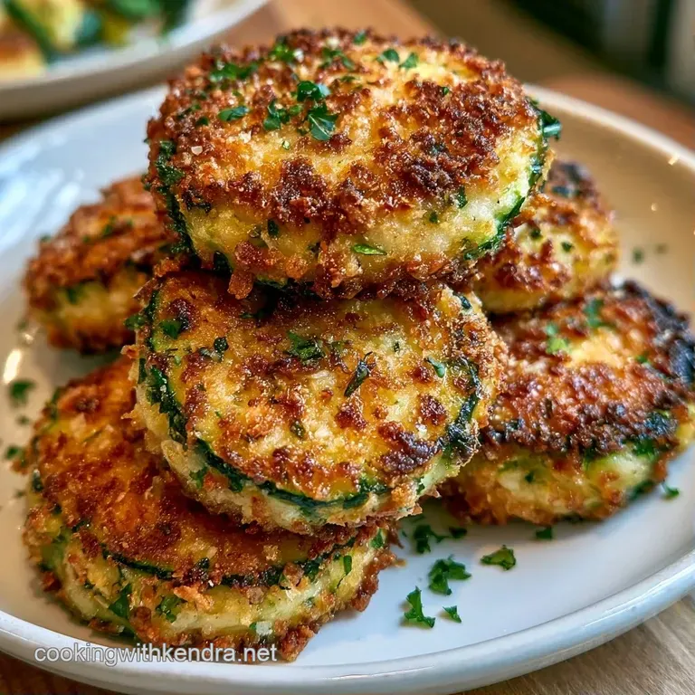 Neatly stacked golden zucchini rounds garnished with fresh parsley on a dark ceramic plate with a side dip