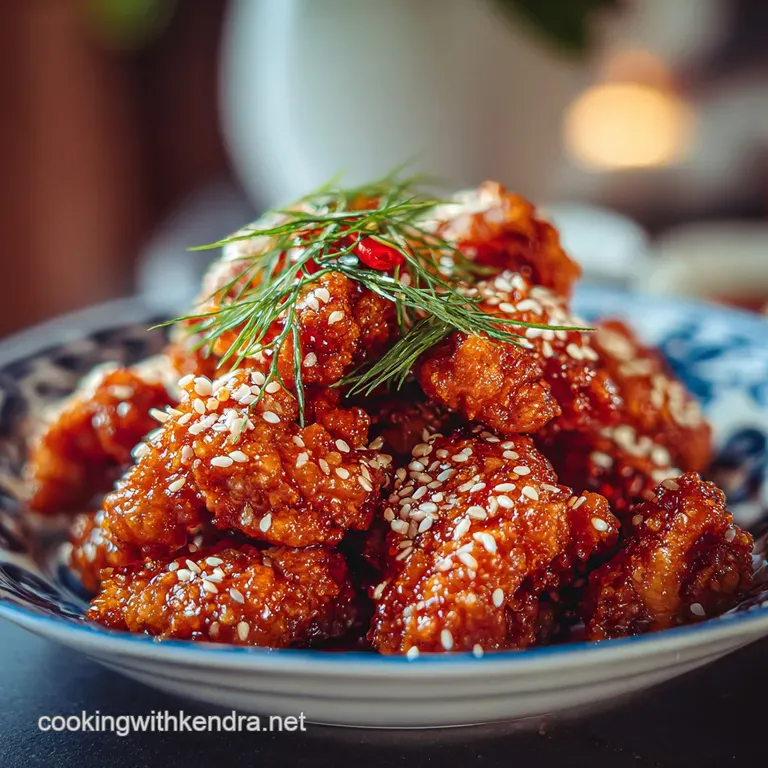 Plump, glazed chicken chunks artfully arranged over fluffy white rice, with vibrant green garnishes.