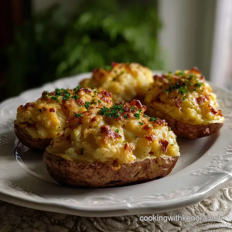 Elegant plating of a twice-baked potato half, showing a fluffy, white potato interior contrasted by the crispy, dark brown...