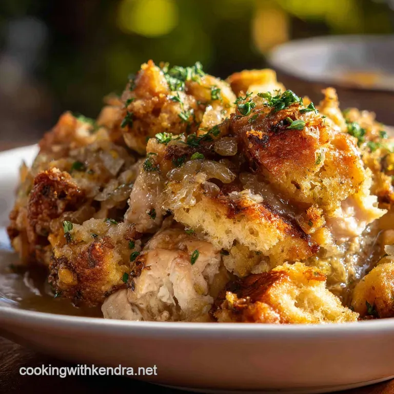 Elegant plate of moist, shredded chicken and fluffy stuffing. Steaming and garnished with fresh parsley. Rich and inviting.