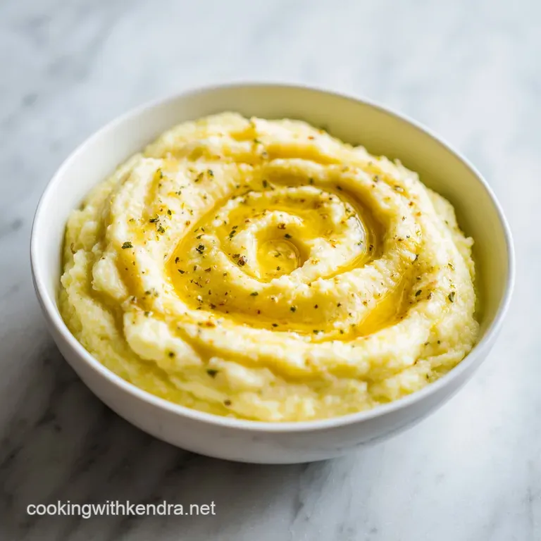 A smooth scoop of fluffy white potatoes in a ceramic bowl, topped with melting butter and a pinch of sea salt.