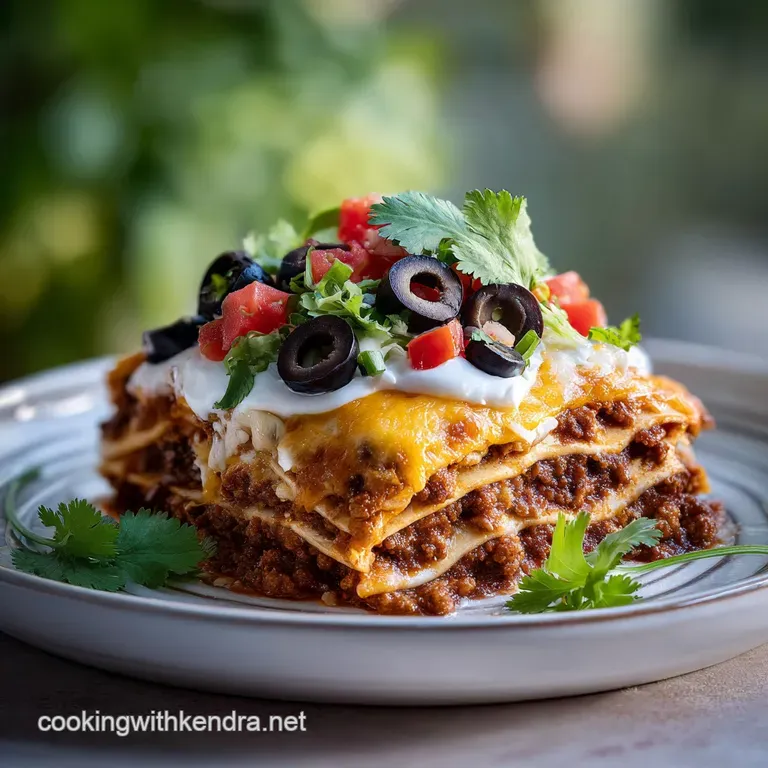 Stacked slice of Mexican lasagna with oozing cheese, showcasing the colorful layers of seasoned ground beef and warm torti...