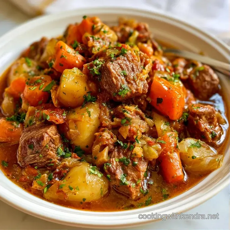 A white ceramic bowl of thick beef stew with fresh parsley sprigs and a side of crusty toasted sourdough bread.