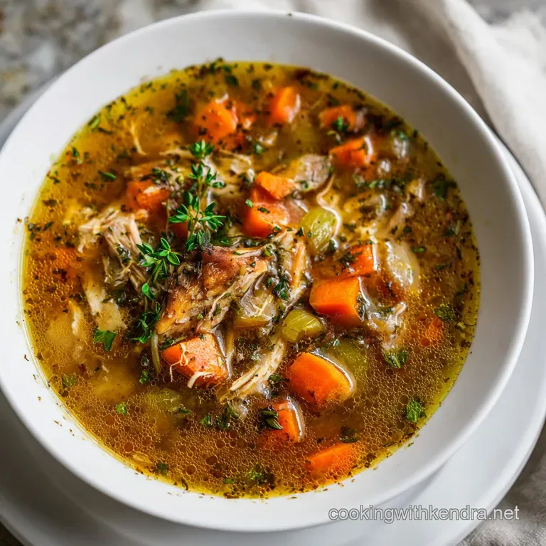 A generous scoop of creamy, golden soup in a white bowl, topped with fresh green herbs.